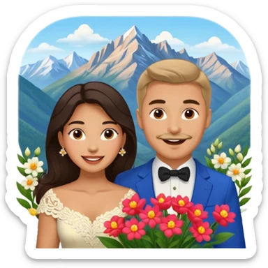 Excited Couple traveling  russian man and elegant  Latina girl delicate flowers and mountains in the background  sticker