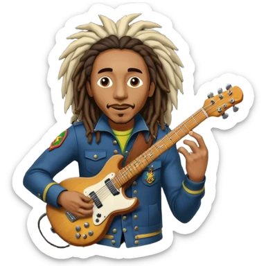 Bob Marley with dread locks play electric guitar in form heraldic crest sticker