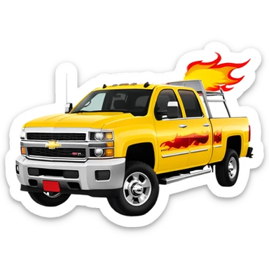 Yellow Chevrolet C-2500 Crew Cab with professional airbrushed red flame artwork on front hood and fenders, authentic Kill Bill truck design, 30-degree view, iOS emoji style sticker