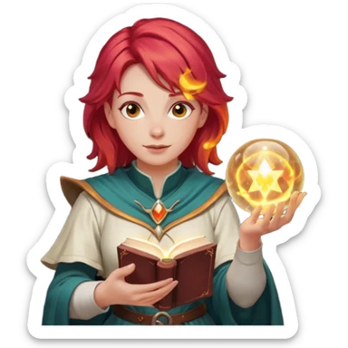 female dnd cleric with red hair holding a magic book in one hand and having a ball of light in the other sticker