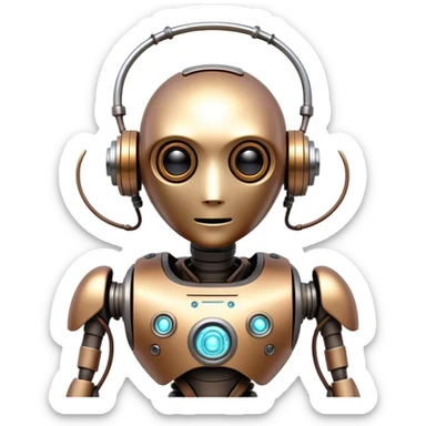 A quirky AI robot with an artistic twist, looking slightly surreal, with a combination of organic and mechanical elements, emitting glowing data streams, inspired by sci-fi and steampunk aesthetics. sticker