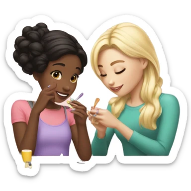 1 black haired girl and one blonde highlights girl painting their nails  sticker