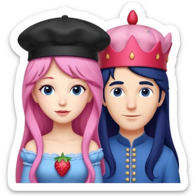pale blueberry prince man. Handsome with long black hair blueberry hat and clothes next to pale strawberry princess woman with strawberry hat eyelashes long pink hair and strawberry dress sticker