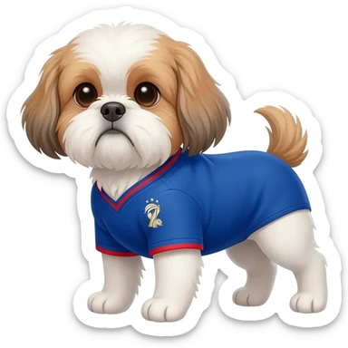 white and light brown shih zhu wearing a France soccer jersey v neck 2026 work cup sticker