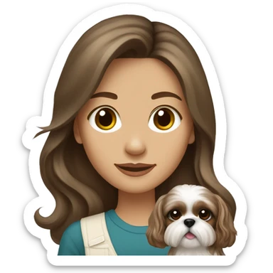 Young brunette medium kin hair woman with a cream shih tzu in her arms long wavy hair sticker