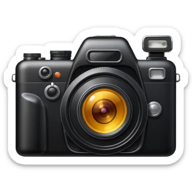 The camera features a solid black body with a shiny lens. sticker