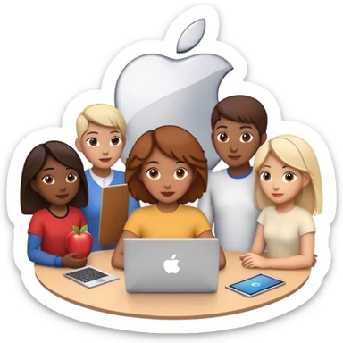 five animated characters stand closely together, presenting a friendly and collaborative vibe. They are sitting in a circle, all of them are looking at open laptop adorned with the Apple logo, suggesting a tech-savvy environment.
 sticker