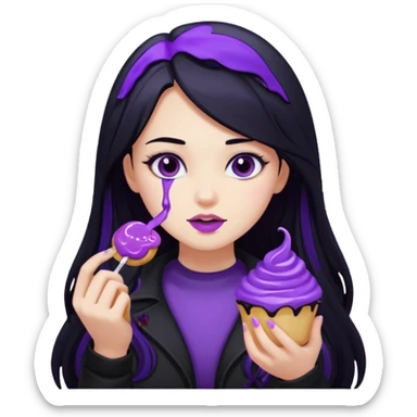 girl with long black hair, black clother with eating disorder purple sweet food sticker