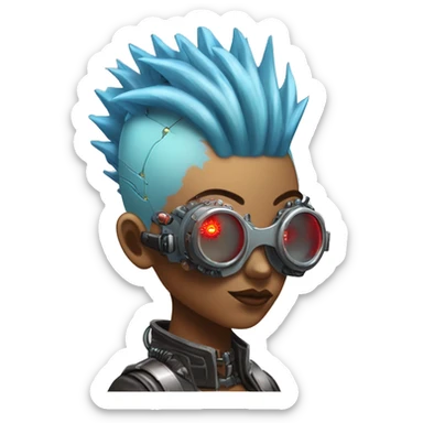 Light blue Mohawk hair female cyborg head with red steampunk goggles and circuits sticker