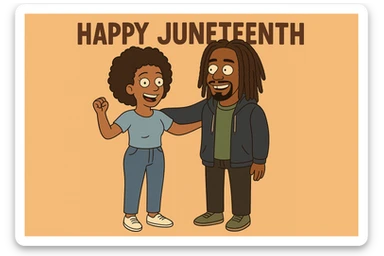 A woman Kinky hair light blue shirt blue jeans white shoes boy Dreadlocks dark brown hair green shuts navy blue zip up hoodie black jeans green shoes Bob Marley Vanessa Nakate Mae Jemison Happy JUNETEENTH sticker