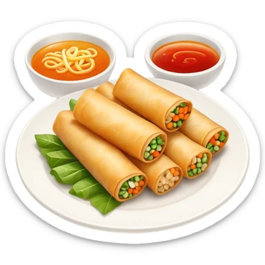 Cinematic Realistic Spring Rolls Dish Emoji, featuring golden, crispy rolls filled with fresh vegetables rendered with detailed textures and warm natural lighting. sticker