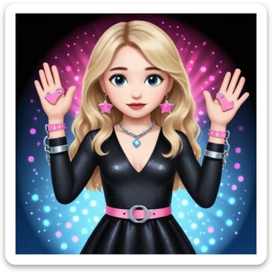 Sabrina carpenter at concert wearing a black sparkly dress with a silver sparkle v neck. she is holding up pink handcuffs. facing audience, blue and red lights setting  sticker