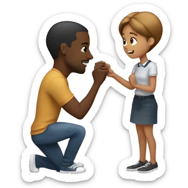 Black guy with short hair proposing on one knee with a ring to a standing light brown girl with brown hair  sticker