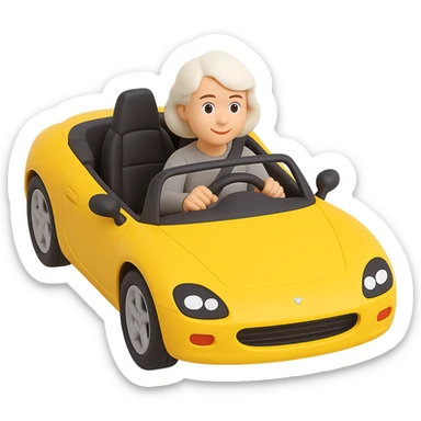 Make this mother with white hair driving a yellow sports car look 10% more realistic in the style of 3D Emoji, keep the 3D emoji style, no background. sticker