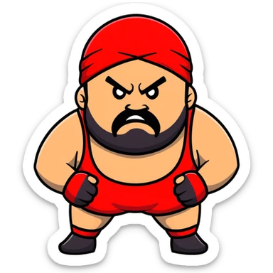 White skin fat guy with prominent black durag, short black beard, black eyes in a red and black wrestling singlet with angry face sticker