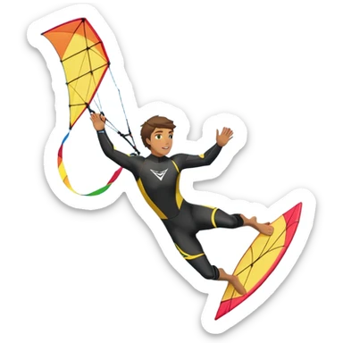 A kite surfer soaring above the waves, holding onto a kite with the wind in full force. The background showcases the ocean and sky, emphasizing the freedom, thrill, and energy of the sport. The motion of the kite and board is dynamic, capturing the excitement of kiting. sticker