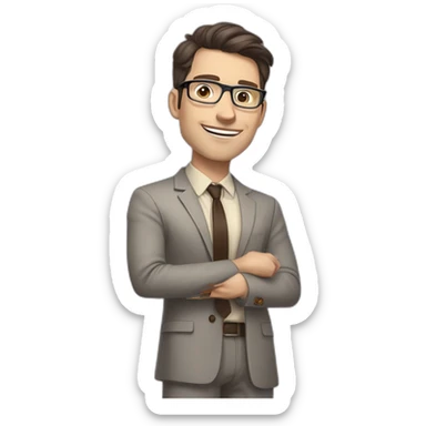 Pale skinned fit man with dark brown hair in gray jacket, beige office shirt, brown tie, brown pants and vintage glasses Writing text on the flipchart sticker