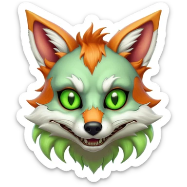 zombie fox portrait, head and shoulders only, torn tail fur visible, sinister grin, glowing toxic eyes, spooky fantasy style, 3D cartoon, mobile game icon style, clean background, no text, no watermark
 sticker