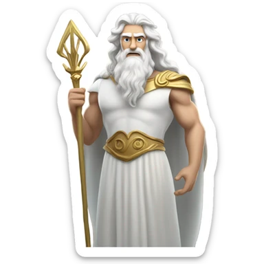 white man Poseidon with gold trident. long white hair white dress. driver sticker