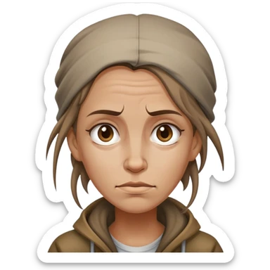 A homeless woman with greasy hair and a big forehead  sticker