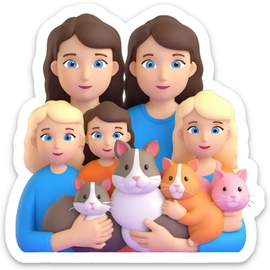 Family portrait with father with dark brown hair and blue eyes, mother with light brown hair and blue eyes, three blonde little girls with blue eyes, plus a cat and two guinea pigs sticker