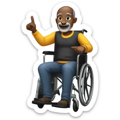 old black bald man with a round belly in wheelchair. grey stubble. he is pointing finger in front.  sticker