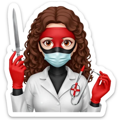 


Scary woman scalpel in hand, evil surgeon sexy surgeon clothes.  She has redcolored  eyes. Her  hair only is free ne brown long curly hair. Wears sexy doctor outfit with red gloves. make her wear full Muslim burka to mask and nose mouth mask  to hide. Wears white surgeon coat, wears  stilettos sticker