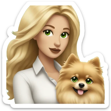 Blonde balayage long hair women with green eyes holding a Pomeranian  sticker