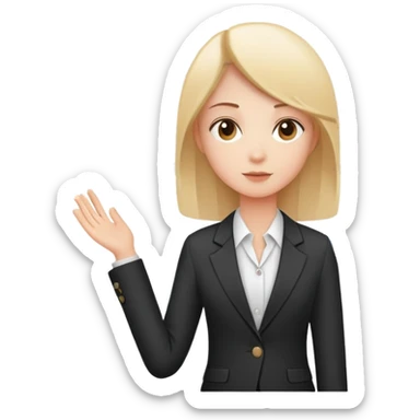 person presenting in front of a simple chart or graph, wearing a blazer and a confident posture sticker