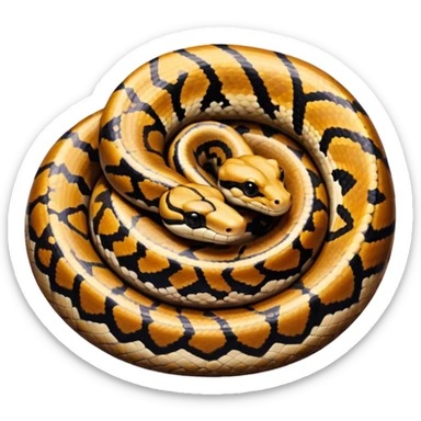 A photo-realistic top-down view of a Ball Python gently coiled into a tight spiral, with its head resting peacefully at the center. Its scales are warm brown with bold, irregular black markings, including the distinctive “alien-head” pattern, flowing smoothly along its body.  sticker