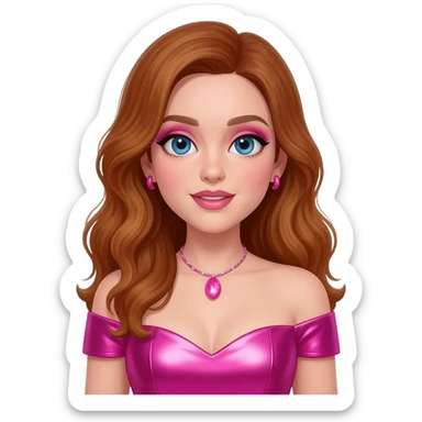 Chappell Roan, Pop Singer (b.1998) with blue eyes, pink makeup, long auburn wavy hair, hot pink metallic sweetheart off shoulder dress, pink necklace and short earrings sticker