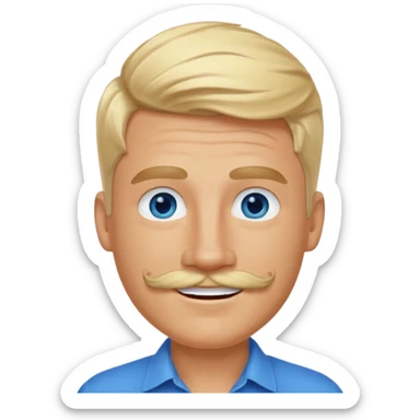 normal emoji 👨🏼 white guy with blond hair, mustache, and blue eyes. No shoulders or neck. Just head. Hair a little mussed and stylish. Smiling sticker