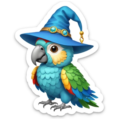 A cyan parrot with a wizard's hat sticker