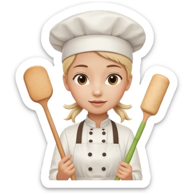Young female pastry chef - single ponytail, apron, wearing a white hat, holding a rolling pin sticker