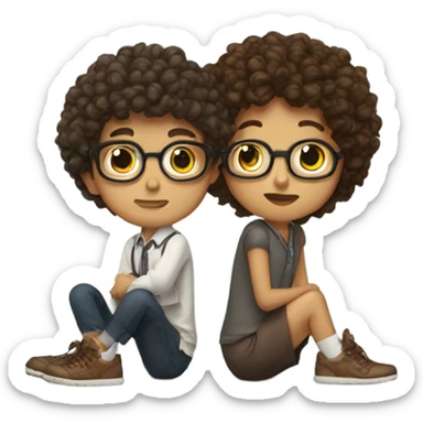 nerd with brow eyes and brown curly hair on his knees kissing girl shoe sticker