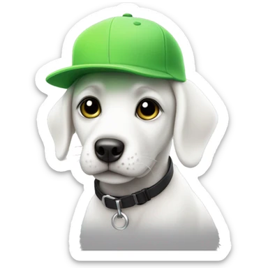 White puppy with one black ear and an engra spot on his left eye, wearing a lime green cap sticker