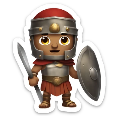 Create an emoji of a Roman gladiator, wearing a bronze helmet with a face guard, a short tunic, and holding a sword and shield. He has a fierce expression and battle scars, ready for combat. sticker