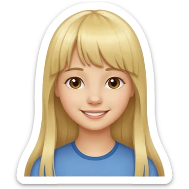 Menina branca de cabelo loiro longo de franja na testa sorrindo  sticker