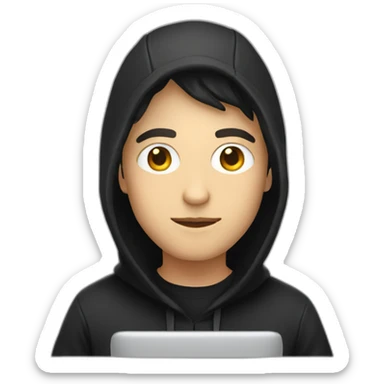 Young white developer with a black hood behind his computer sticker
