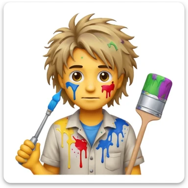 confused house painter emoji with messy hair, stained shirt, holding a dripping paint roller, paint on face, chaotic background sticker