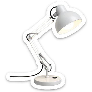 A small white desk lamp with a round base and a flexible, jointed neck. It leans forward playfully, like it’s alive, with a big circular light as its “head.” Iconic and full of character. sticker