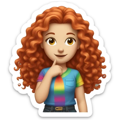 white girl with long red curly hair, wearing a rainbow shirt doing a pose sticker