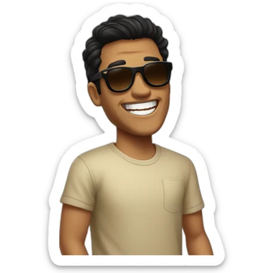 tanned man, with black hair, fade haircut and brown eyes, dressed in a vans skater style, wearing Osacruz sunglasses, is laughing. sticker