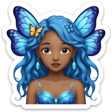 Black girl fairy with long wavy blue hair butterfly wings sparkly sticker