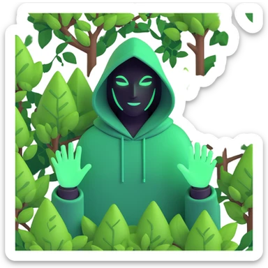 hooded figure with glowing green hands, surrounded by small trees, leaves, or vines sticker