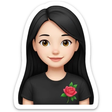 a pretty bratz fair girl with straight long black hair, wearing a black tshirt, smiling sticker