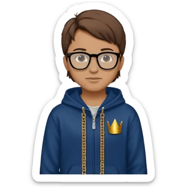 Brown hair with black glasses and a dark blue hoodie that says caylus kingdom with black pants and a gold chain sticker