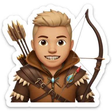 The classic hunter with a bow and arrow on his back, dressed in brown with some decorations made of fierce beasts sticker