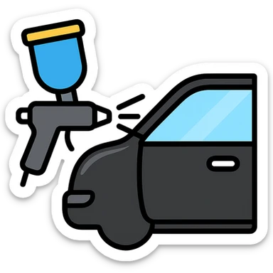 paint spray gun pointing at a section of a car, light layer of glossy black paint spraying out, main color glossy black with silver details, clean lines, modern and clean style, no excess paint sticker