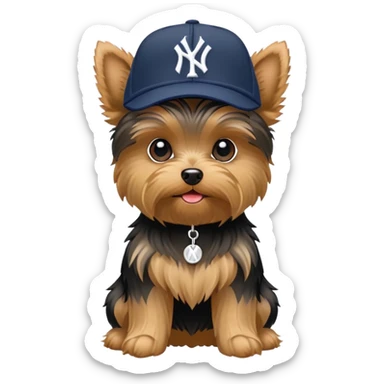 Yorkie with a NYY hat sticker